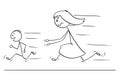 Cartoon of Frustrated and Angry Mother Chasing Naughty or Disobedient Son