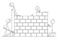 Cartoon of Group of Masons or Bricklayers Building a Wall or House from Bricks