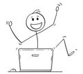 Cartoon of Happy Man or Businessman Celebrating Behind Laptop Computer Royalty Free Stock Photo