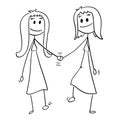 Cartoon of Homosexual Couple of Two Lesbian Women Walking and Holding Hands Royalty Free Stock Photo