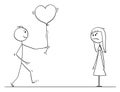 Stick Character Cartoon of Loving Man or Boy Giving Balloon Heart to Angry Woman or Girl on Date Royalty Free Stock Photo