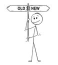 Cartoon of Man or Businessman Holding Old or New Arrow Signpost Royalty Free Stock Photo