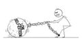 Cartoon of Man or Businessman Pulling Big Iron Ball With Low Self-Esteem Text Chained to His Leg