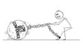 Cartoon of Man or Businessman Pulling Big Iron Ball With Low Self-Confidence Text Chained to His Leg