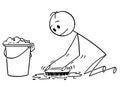 Cartoon of Man Cleaning or Brushing Floor With Scrubbing Brush