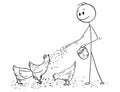 Cartoon of Man or Farmer Feeding Chickens or Hens