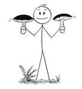 Cartoon of Man Holding Two Big Eatable Boletus Mushrooms