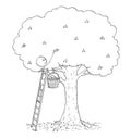 Cartoon of Man on Ladder Picking Fruit From Cherry Tree