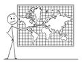 Cartoon of Man Pointing at Europe Continent on Wall World Map