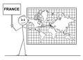 Cartoon of Man Pointing at French Republic or France on Wall World Map