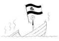 Cartoon of Politician Standing Depressed on Sinking Boat Waving the Flag of Kingdom of Spain