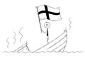 Cartoon of Politician Standing Depressed on Sinking Boat Waving the Flag of Republic of Finland