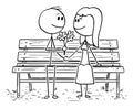 Cartoon of Loving Couple Sitting on Park Bench or Seat, Man Giving Flower to Woman Royalty Free Stock Photo