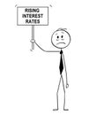 Cartoon of Depressed Man, Banker or Businessman With Rising Interest Rates Sign