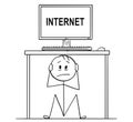 Cartoon of Man or Businessman Sitting hidden Under Desk With Computer and Internet Text