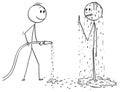 Cartoon of Surprised Wet man and Another Man Holding Hose