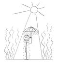 Cartoon of Sweating Man in Hot Summer Heat Hiding Under Umbrella