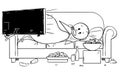 Cartoon of Fat or Overweight Man Lying on Couch, Watching Tv and Eating