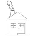 Cartoon of Sad or Thinking Man Sitting on Family House Chimney