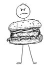 Cartoon of Angry Man Holding Big Burger or Hamburger