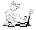 Cartoon of Chess King Endangered by Giant Tower or Rook and Sending Small Pawn to Defend Him in Fight