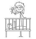 Cartoon of Dead Tired Mother Entertaining Baby in Night With Rattle