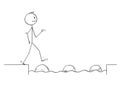 Cartoon of Man or Businessman Stepping on Stones to Get Over Water Obstacle