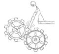 Cartoon of Man or Businessman Trying to Stop the Machine Cogwheels