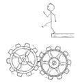 Cartoon of Man or Businessman Walking Artless to Fall in to Machine Cogwheels