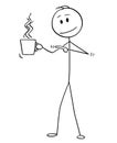 Cartoon of Man Holding and Pointing at Cup of Hot Beverage, Coffee or Tea