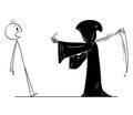 Cartoon of Man Ordered by Grim Reaper with Scythe to Follow Him. Metaphor of Death.