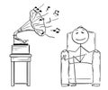 Cartoon of Man Sitting in Armchair and Enjoying Hearing music From Antique Gramophone Royalty Free Stock Photo