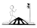 Cartoon of Man Walking on Pedestrian Crossing or Crosswalk while Green Light is On on Stoplights