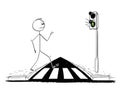 Cartoon of Man Walking on Pedestrian Crossing or Crosswalk while Green Light is On on Stoplights