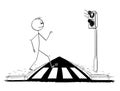 Cartoon of Man Walking on Pedestrian Crossing or Crosswalk while Red Light on Stoplights Royalty Free Stock Photo