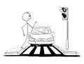 Cartoon of Man Walking on Crosswalk while Red Light on Stoplights and Car is Getting Closer