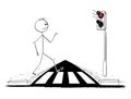 Cartoon of Man Walking on Pedestrian Crossing or Crosswalk while Red Light on Stoplights Royalty Free Stock Photo