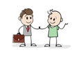 Cartoon stick figure drawing conceptual illustration of smiling two businessmen holding each other hands. Men shaking hands