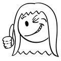 Cartoon of Face of Smiling and Winking Woman or Businesswoman Showing Thumb Up