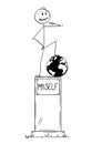 Cartoon of Statue of Egoist Selfish Man Standing on Pedestal With Text Myself Royalty Free Stock Photo