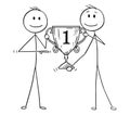 Cartoon of Two Men or Businessmen Holding Together Trophy Cup For Winner Royalty Free Stock Photo