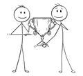 Cartoon of Two Men or Businessmen Holding Together Trophy Cup For Winner Royalty Free Stock Photo