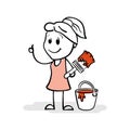 Cartoon stick figure drawing conceptual illustration of young woman artist holding brush in paint. Smiling woman painter Royalty Free Stock Photo