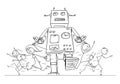 Cartoon Drawing of Crowd of People Running in Panic Away From Giant Retro Robot Royalty Free Stock Photo