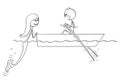 Cartoon Drawing of Man Paddling in Small Boat on Water or Sea and Meet Mermaid