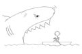 Cartoon Drawing of Man in Small Boat and Dangerous Giant Shark With Mouth Open