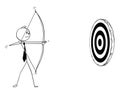 Conceptual Cartoon of Businessman with Bow Shooting at Target