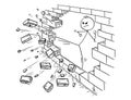 Cartoon of Businessman Kung Fu Kicking the Brick Wall