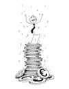 Conceptual Cartoon of Businessman Enjoying on Top of Pile of Eur