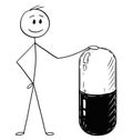 Cartoon of Man or Businessman Holding Big Capsule Pill